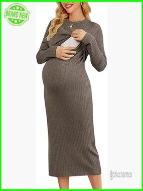 Wool Blend Maternity Nursing Dress Long Sleeve Crew Neck Slim Fit Ribbed Knit